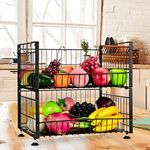 Fashionwu 2 Tier Fruit Basket Countertop Fruit Basket Bowl for Kitchen, Detachable Metal Wire Storage Basket with Banana Hangers for Bread Snack Vegetable Fruit, Rectangular, Black