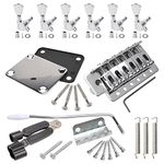 Swhmc Silver 6 Strings Electric Guitar Tremolo Bridge Bar Kit,6R Sealed Gear Tuning Pegs Keys Machine Head with Neck Plate Reinforce Board for Strat Fender Guitar Replacement