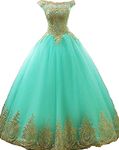 BessDress Gold Lace Appplique Quinceanera Dresses Off The Shoulder Prom Ball Gown BD389