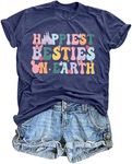 Besties T-Shirt Women Magic Kingdom: Happiest Bestie On Earth Shirts Trip Shirts Casual Short Sleeve Tee Top, Dark Blue, Small