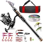 Bluefire Carbon Fiber Telescopic Fishing Pole and Reel Combo with Spinning Reel, Line, Lure, Hooks and Carrier Bag, Fishing Gear Set Fishing Rod Kit for Beginner Adults Saltwater Freshwater (2.1M)