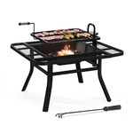 Sunjoy 38 in. Fire Pit for Outside, Square Wood Burning Firepit Large Steel Fire Pits with Adjustable Cooking Swivel BBQ Grill and Fire Poker