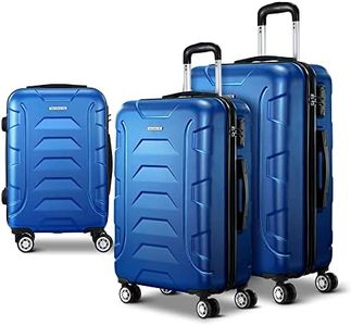 Wanderlite Luggage Set 3pcs Blue Trolley Suitcase Hand Luggages Hard Case Shell, Travel Strap Bag Carry On Adult Kids Lightweight Roller TSA Lock Dual Wheels