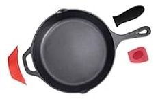 Pinnacle Cookware - 12inch / 30cm Pre-Seasoned Large Heavy Duty Cast Iron Round Skillet Pan/Frying Pan | Oven Safe & Suitable for All Stove Hobs | BBQ Pan | Silicon Handle & Scraper Set Included