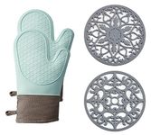 Domonic Home Oven Mitts and Pot Holders Sets, Silicone Oven Mitts Heat Resistant 600F, Oven Mitt Set Soft Lining Good Grip, Oven Gloves and Trivet Mats 4 Piece Set, Aqua Sky-B