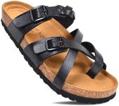 AEROTHOTIC Womens Strappy Slip-On Modern Memory Foam Cushion Footbed Outdoor Adjustable Buckle Cork Footbed Slides for Sandals with Comfortable Arch Support (Irenic Black, Size 11)