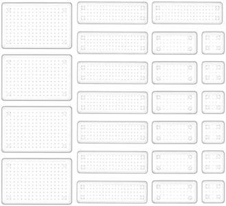 HOUSE DAY Makeup Drawer Organiser Trays 24 PCS, 4-Size Clear Drawer Organisers with Silicone Pads, Vanity Organisers and Storage, Non Slip Plastic Drawer Organiser for Desk, Bathroom, Kitchen, Office