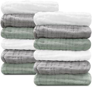 Sunny zzzZZ Baby Muslin Washcloths -100% Cotton Muslin Soft Baby Bath Wash Cloths and Absorbent Burp Cloths for Newborns Kids Girls and Boys -12 Pack, 12x12 Inches - White+Green+Grey