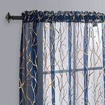 FINECITY Navy Blue Gold Sheer Curtains - Printed Glitter Gold Tree Branch Navy Sheer Curtains 63 Inch Length for Bedroom Light Filtering Privacy Blue Sheer Curtains, 52 x 63 Inch, 2 Panels, Navy Gold