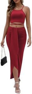 HUUSA Elegant Plus Size Slit Bodycon Maxi Skirt Sets for Women Date Night Crewneck Sleeveless Tank Shirt Tops 2 Piece Ruched High Waist Skirt Bottom Red 2XL