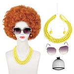 Short Curly Orange Wig Fluffy Reddish Ginger Wig Landlady Costume Wig with Sunglasses, Necklace, Earrings, Wig Cap, Afro Wigs Retro Synthetic Hair Wig for Women Unisex Halloween