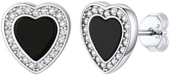 Black Onyx Heart Earrings, AAA Cubic Zirconia Stud Earrings for Women Men, 925 Sterling Silver Love Earrings Cute Trendy Jewelry Gift for Her