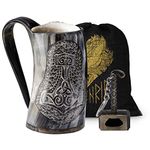 Fenrir Premium Viking Wolf Natural Drinking Horn Mug Bottle Opener for Ale Beer Cold Drink Special Edition (Premium Thor) Natural Shine Polished (16-oz) -2 Pieces Set