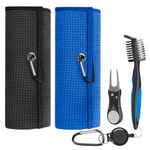 Seticek 2 Pack Golf Towel,Microfiber Waffle Pattern Tri-fold Golf Towel,Brush Tool Kit with Club Groove Cleaner,Golf Divot Repair Tool and Carabiner Clip, Golf Accessories for Men （Black & Blue Towel）