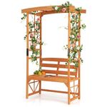 COSTWAY Garden Arch with Bench, Wooden Patio Arbour Trellis Pergola for Climbing Plants Rose Vines, Outdoor Decorative Garden Arbor Archway for Wedding Party (120 x 58 x 189 cm, 300kg Load, Orange)