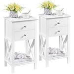 Yaheetech Tall Bedside Table Set of 2Pcs, X-shaped Bedside Cabinet with 2 Drawers & Shelf, Narrow Nightstand Telephone Table Sofa Side End Table for Bedroom Living Room Small Space, 40×30×70cm, White