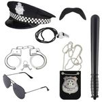 Fancy Dress Police Costume Accessories, 7Pcs Kids Police Costume with Police Hat, Police Baton, Police Badge Bag, Police Handcuffs, Sunglasses, Whistle, Moustache for Kids Adults Halloween Cosplay