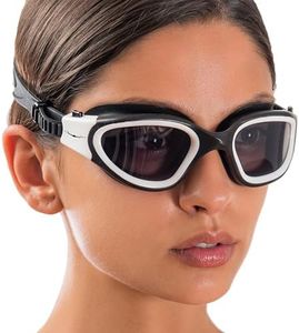 AqtivAqua Wide View Swim Goggles // Swim Workouts - Open Water // Indoor - Outdoor Line, White/Black-Frame Tinted Gray-Lenses