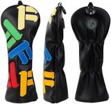 Golf Club Head covers Fairway Wood FW with Interchangeable Number Tag 3457X Elastic Closure Black PU Leather Multicolored Text