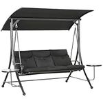 Outsunny 3 Seat Outdoor Swing Chair Steel Swing Bench Porch Swing with Adjustable Canopy, Coffee Tables and Cushion for Patio Garden, Black