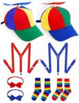 BEAUTIFABLE 2 Set of Propeller Hat Halloween Set, Include Rainbow Top Clown Hats, Suspenders, Bow Tie, Clown Socks for Adult