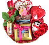 MANTOUSS Valentine gift - Beautiful Basket+ Chocolate box+artificial rose+Message Bottle+couple in a boat statue+3pc Roses and Teddy Bear in Heart Box+Greeting Card, 800 grams