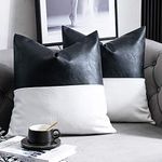 DEZENE Leather Throw Pillow Covers, Set of 2 Modern Leather/Cotton Decorative Pillowcases for Home Decor Bedroom Living Room Couch Bed Sofa, 20x20 Inch, Black and White