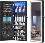 LVSOMT LED Mirror Jewelry Cabinet, Wall/Door Mount Jewelry Armoire Organizer with Lights, Full Length Mirror with Jewelry Storage, Over the Door Hanging Jewelry Cabinet (Wood Black)