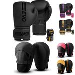 EVO Fitness Matte Black Boxing Gloves and Pads Set Punching Focus Mitts Hook and Jab Hand Target Strike Shield Training Sparring MMA Martial Arts Muay Thai Kickboxing Karate Men Women (14 OZ, Black)