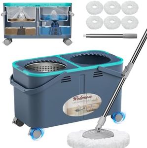 Wodemom 2025 Upgraded 360° Spin Mop and Bucket Set, Separates Clean & Dirty Water, Floor Mop with 6 Washable Mop Heads, Easy Rolling with 4 Swivel Wheels, Mops for Wood, Tile, Vinyl- Grey/Blue