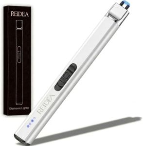 REIDEA Flat Electronic Candle Lighter, Windproof Flameless USB Rechargeable Arc Lighter with Safe Button and Power Indicator for Candle, BBQ and Fireworks, White
