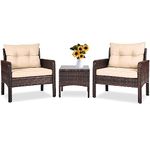 DORTALA 3 Piece Patio Furniture Set, Outdoor Rattan Wicker Conversation Set with Cushions, Glass Top Coffee Table for Garden Balcony Poolside, Brown