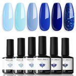 Modelones Gel Nail Polish Set, 6 Colors Blue Gel Polish Royal Blue Sky Blue Glitter Navy Blue Nail Polish Ocean Blue Gel Nail Polish Kit Soak Off Nail Art Manicure DIY Salon for Women