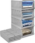 JEYANG Folding Wardrobe Organizer Plastic Stackable Clothe Closet Self Storage Container, Rectangular Cupboard for Kitchen, Home and Bathroom (Pack of 5 (Small Grey))