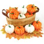 DomeStar Artificial Pumpkins, 12PCS Mini Fake Pumpkins with 30PCS Lifelike Maple Leaves, Faux Pumpkins Artificial Vegetables for Halloween Thanksgiving Decorations