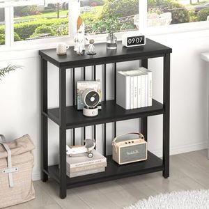 FOLUBAN Bookshelf, Modern 3 Tier Bookcase, Wood and Metal Book Shelves for Living Room Office Bedroom, Rustic Black Oak