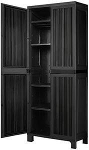 LI LIVSIP Outdoor Storage Shed - Plastic Vertical Storage Cabinet with Adjustable Shelves Lockable Doors 6 Hooks, for Store Garden Tools Accessories, 173CM Height, Stripe Black