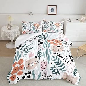 CVHOUSE Cat Bedding,Cartoon Cat Comforter Queen,Animals Print Comforter Set for Kids,Kawaii Quilt Set with 1 Comforter and 2 Pillow Cases