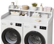 GarveeHome 54" Washer Dryer Countertop with 2-Tier Shelf & 2 Drawers， Wooden Laundry Countertop with Non-Slip Pad and Guard Rails Washer and Dryer Topper for Laundry Room Organization and Storage