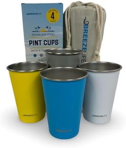 Breeze Life Stainless Steel Metal Cup Drinking Tumblers, Stackable, Shatterproof, Great for Camping, Outdoor Picnic, Festivals, BBQ Tailgating, 4-Pack, Blue, Gray, Yellow, White.