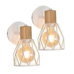 DAXGD Industrial Wall Sconce Indoor, 2 Pack Wall Lamp White E27, Adjustable Cage Lamp Wooden Metal Sconce for Home Living Room Hallway Shop