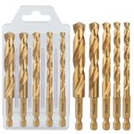 Vearter 5PCS HSS M2 Twist Drill Bit Set, 5/6/8/10/12mm Hex Shank Quick Change Jobber Drill Bit, Titanium Coated Metal Drill Bit for Hard Steel, Wood, Plastic