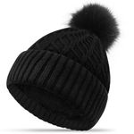 FORVEVO Winter Hats for Women Bobble Hat Black Beanie Hats Double Fleece Layer Line with Pom Pom Wooly Hats Women