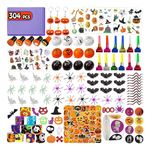 Leesgel Halloween Party Bag Fillers, 304pcs Halloween Box Set - Spider/Bat/Slap Bracelet/Balloon/Keychain/Snake/Tattoos Stickers for Kids Halloween Games Prizes Toys Trick or Treat Stuff