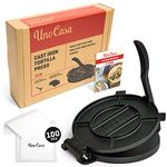 Uno Casa Cast Iron 10 Inch Tortilla Press - Pre-Seasoned Quesadilla Maker, Tortilla and Roti Maker with Bonus 100 Pcs Parchment Paper - Pataconera for Flour Tortilla, Tawa or Dosa