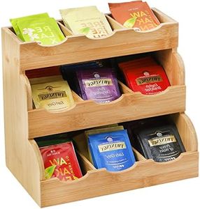 Lyellfe Tea Bag Organizer, Vertical Bamboo Tea Bag Holder, Tea Bag Tray Caddy to Hold 180 Tea Bags, 3 Tier Rustic Coffee Condiment Holder Storage Caddy for Home, Office or Café, 9 Compartments