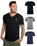 INTO THE AM V Neck T Shirts Men 3 Pack Fitted Casual Branded Undershirt Sleep Vneck Tshirt Multipack (Black/Grey/Navy, Large)