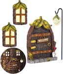 Miniature Gnome Fairy House Window and Door for Trees, Glow in The Dark Yard Art Garden Sculpture Lawn Ornament Decoration Mini Fairy Garden Outdoor Decor Accessories with Bonus Fairy Lantern