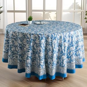 CPC Round Tablecloth- Cotton Indian Block Print Tablecloth -Handmade Printed Washable Cotton Table Cloth - Thanksgiving, Christmas Table Cover - Blue Sapphire 132 Inches