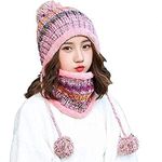 Aisaving Women Knitted Hat Scarf Set Winter Warm Thicken Crochet Bobble Pom Pom Beanie Hat Cap Outdoor Ski Snowboard Cycle Bobble Hemming Hats (Pink)